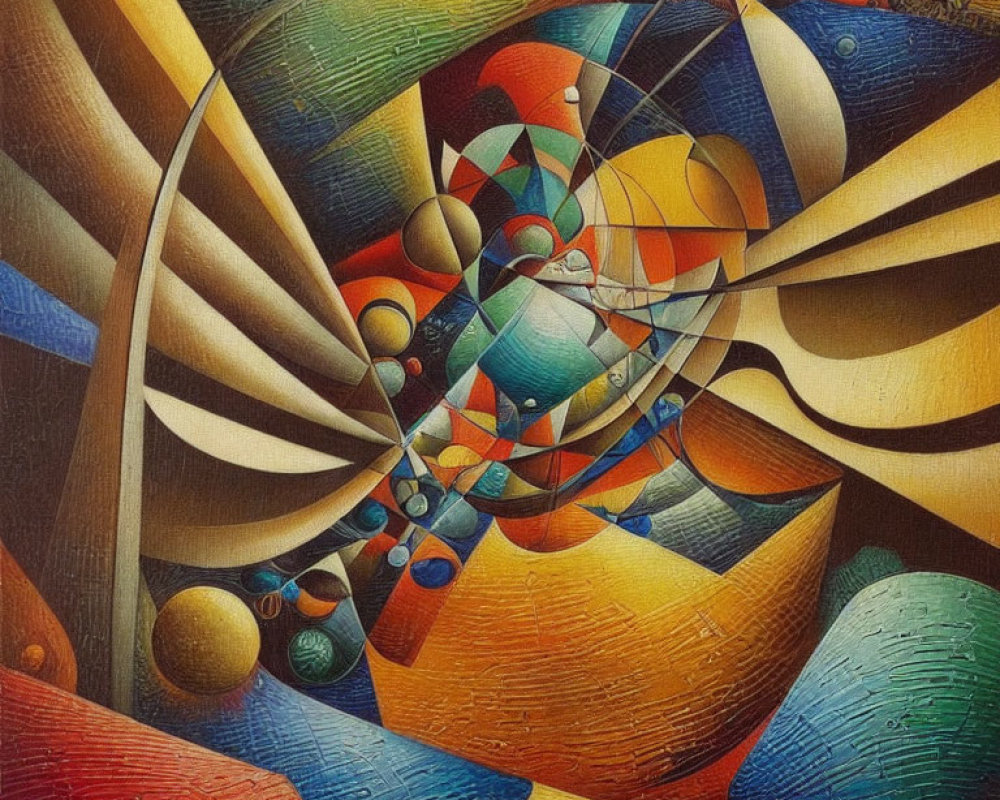 Colorful Abstract Painting with Curves, Spheres, and Stripes