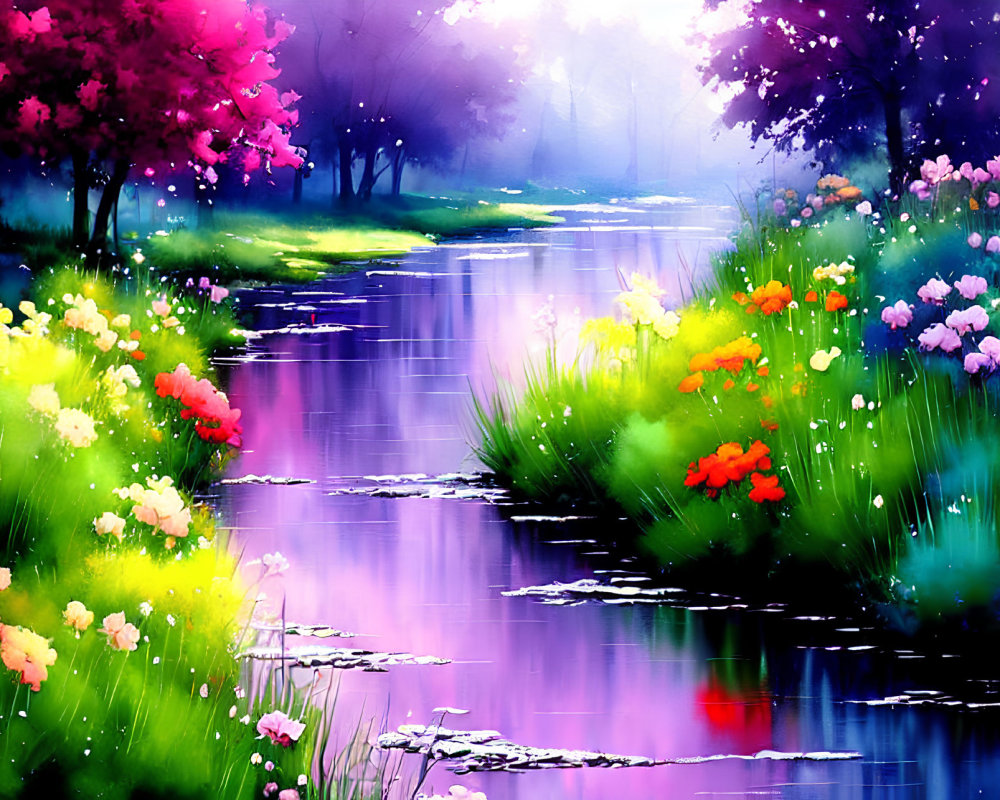 Colorful Stream with Blooming Flowers and Greenery in Misty Background