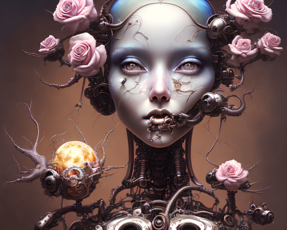 Robotic female figure with pink roses, mechanical parts, and glowing orb