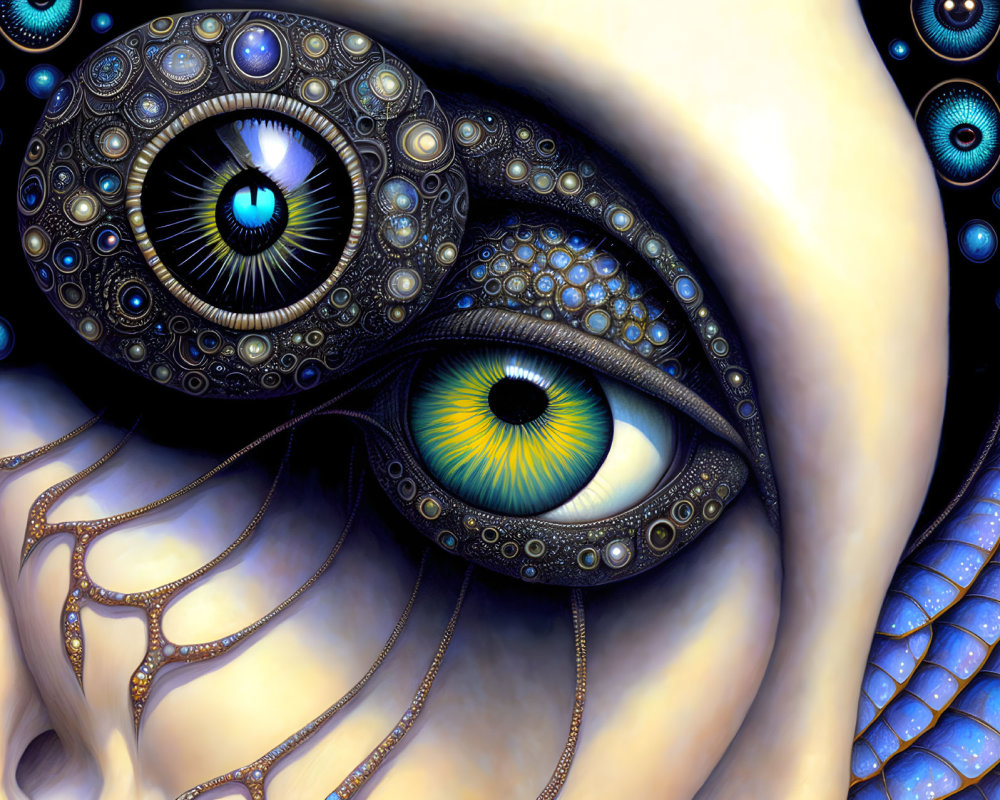 Detailed digital artwork of stylized, surreal eyes with intricate patterns in a steampunk aesthetic