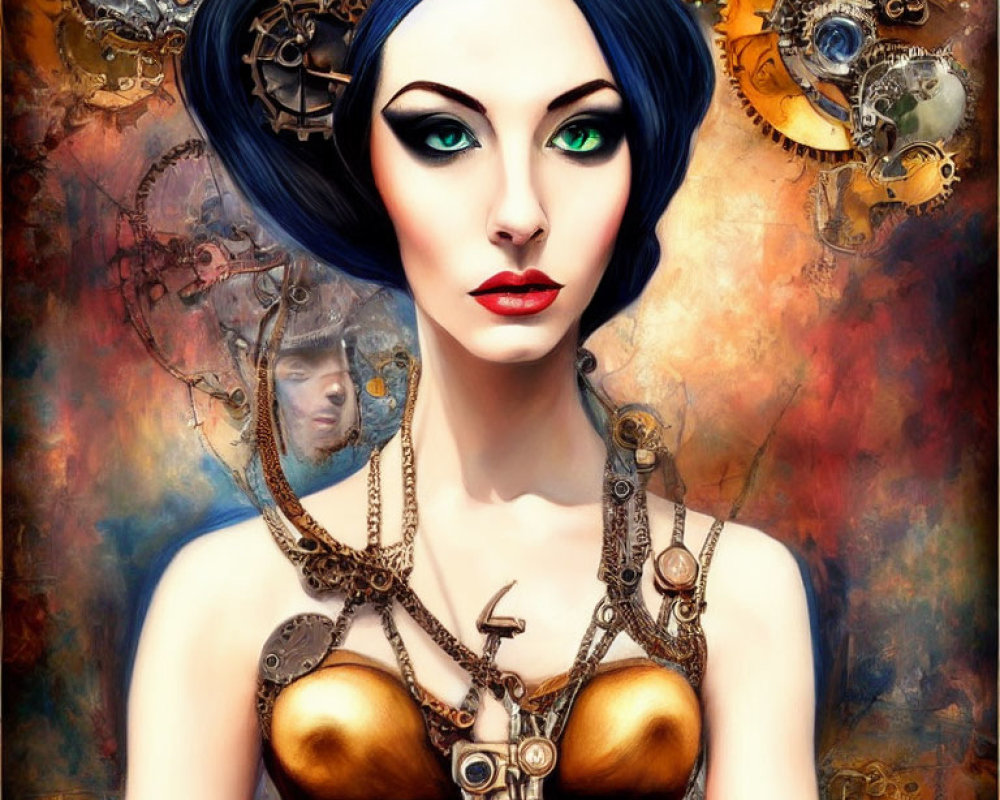 Steampunk-inspired artwork with woman, blue hair, green eyes, gears.