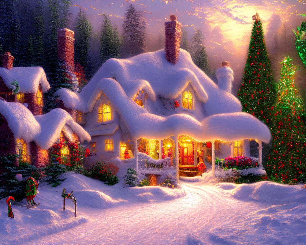 Snow-covered cottage with glowing windows and decorated Christmas tree in twilight landscape