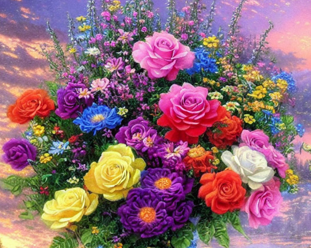 Colorful bouquet of roses and purple flowers on sunset sky background