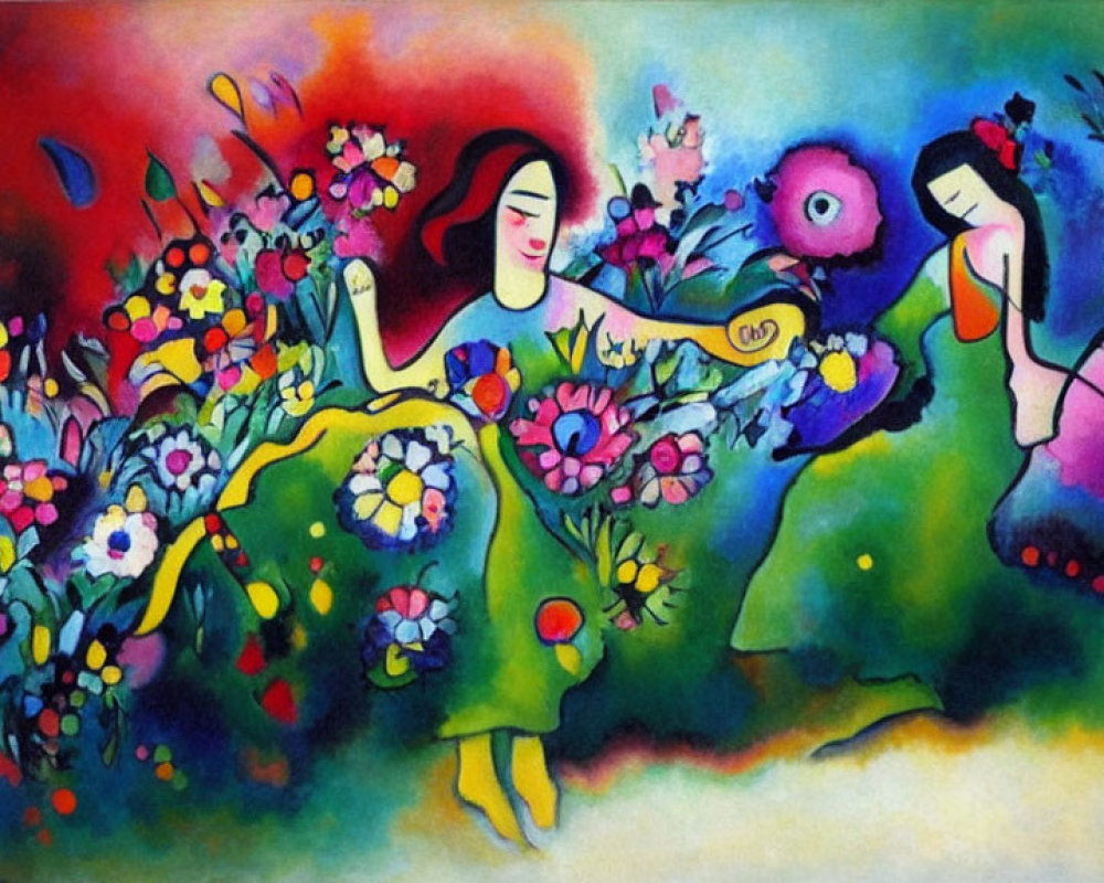 Vibrant painting featuring two stylized women and colorful flowers