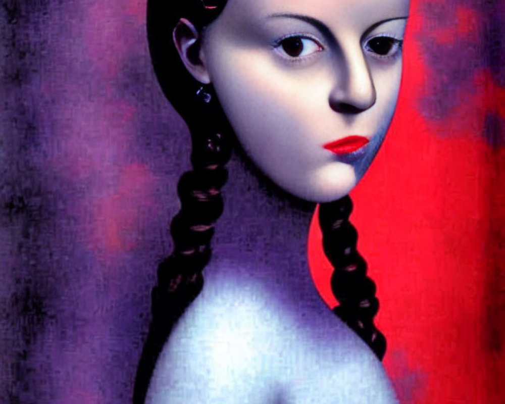 Stylized female figure with pale skin and dark braided hair on red and purple background