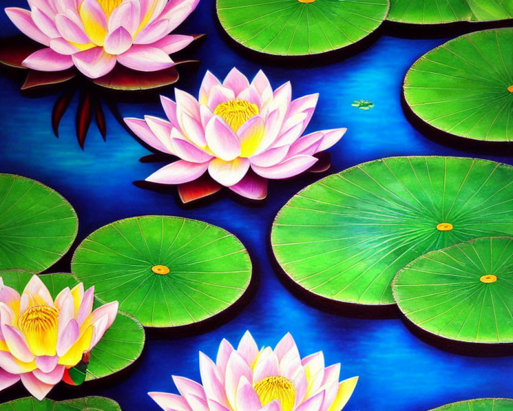 Colorful painting of blooming pink lotus flowers and green lily pads on blue water