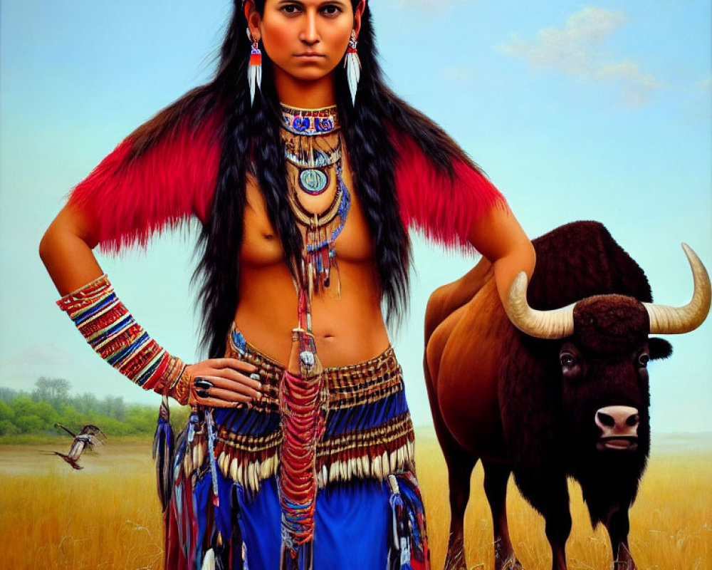 Native American woman with bison in field under clear sky