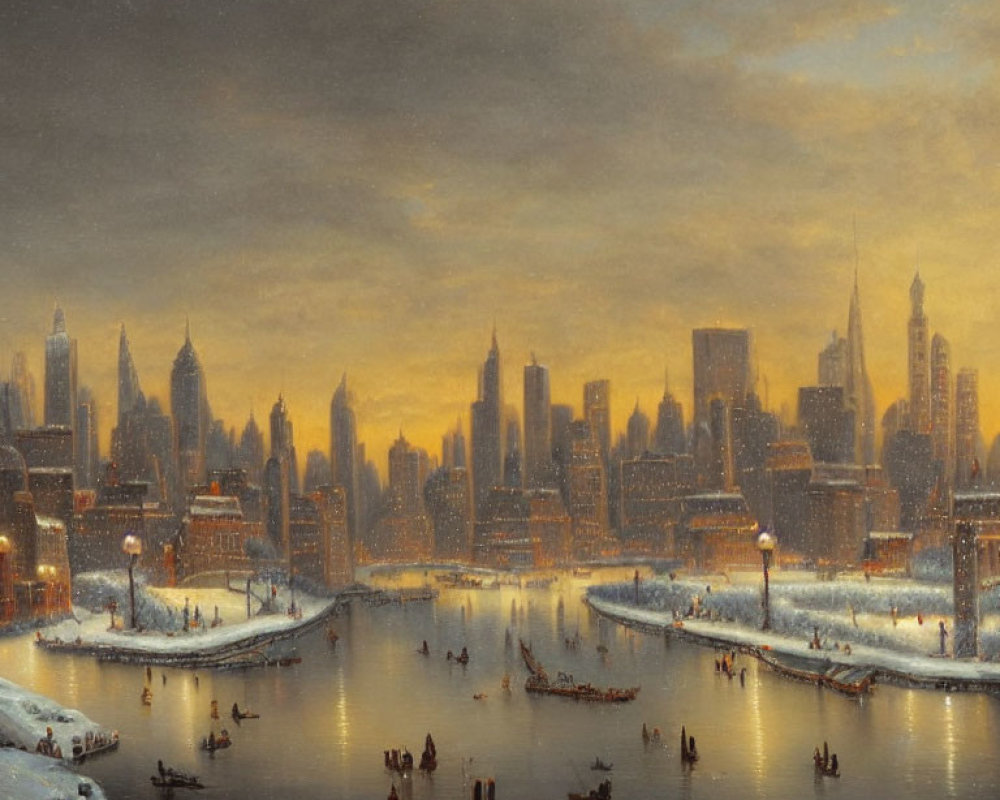 Cityscape painting: Dusk scene with illuminated buildings, river reflections, boats, and snow-covered banks