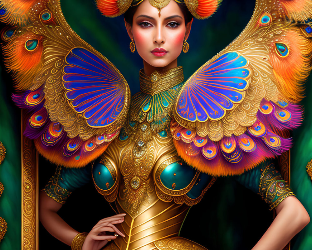 Regal woman in peacock-themed attire on dark background