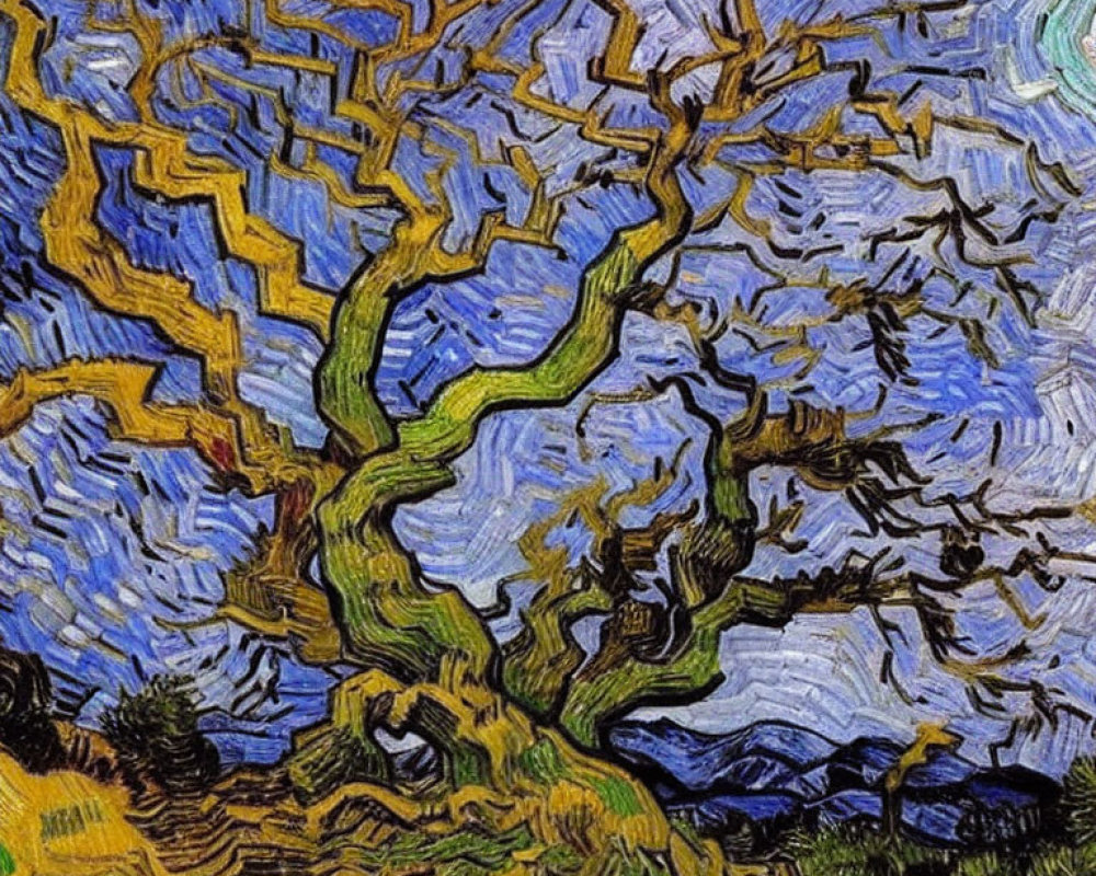 Gnarled tree with blue and yellow swirls in Van Gogh-style artwork