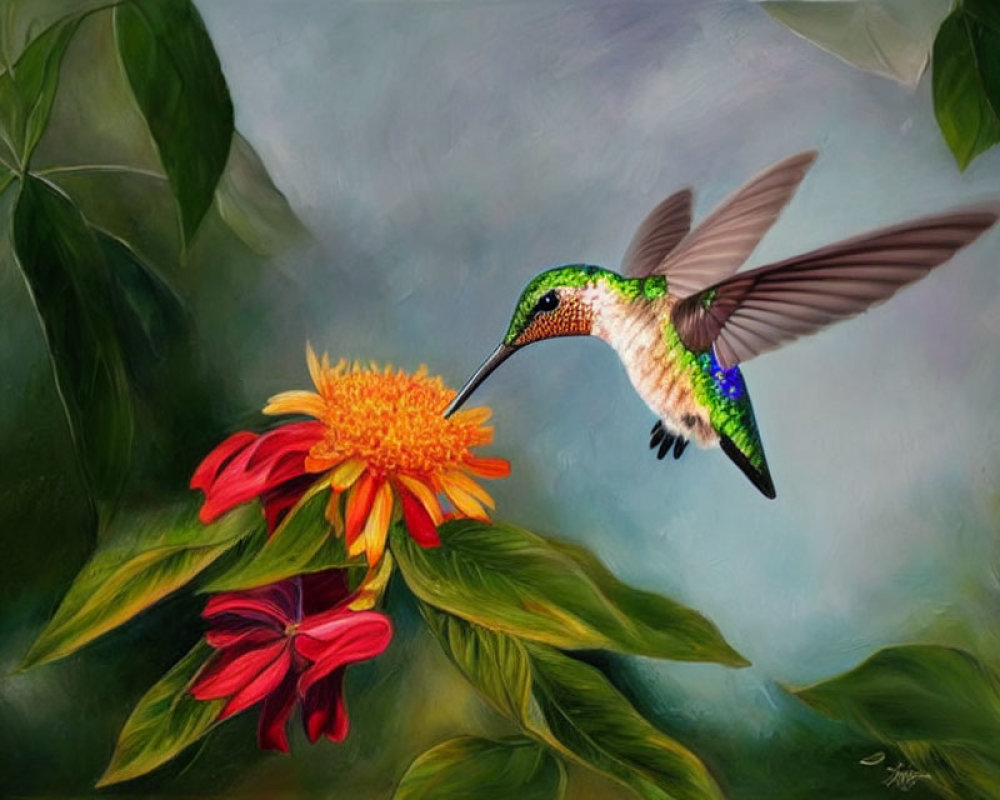 Colorful hummingbird painting with orange flower and green leaves