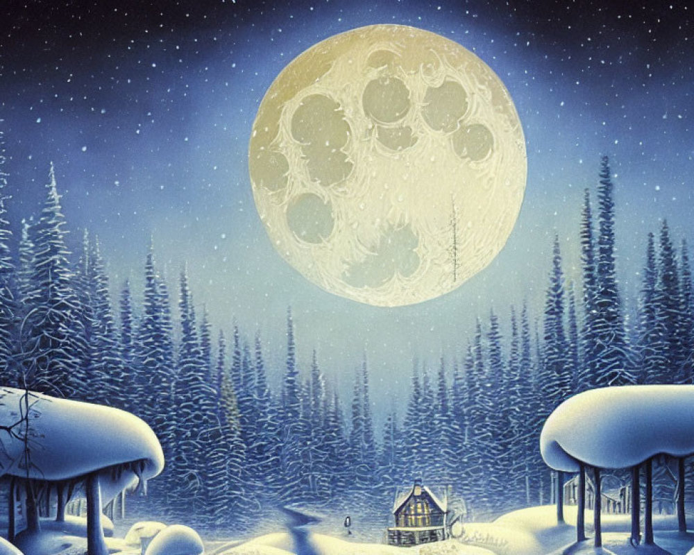 Detailed Snowy Night Landscape with Moon, Cabin, and Snowflakes