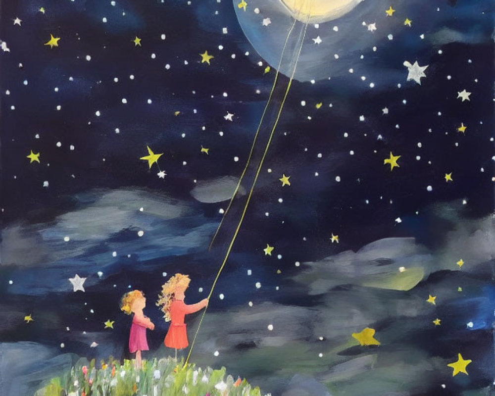 Children holding string to crescent moon in starry sky on hill with flowers