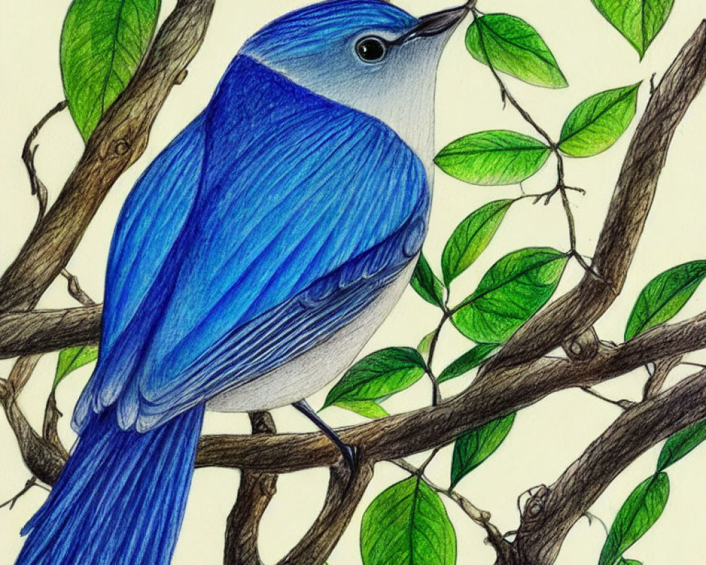 Detailed Colored Pencil Drawing of Blue Bird on Branch