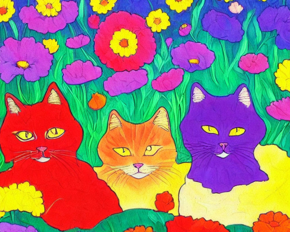 Colorful Stylized Cats Surrounded by Vibrant Flowers