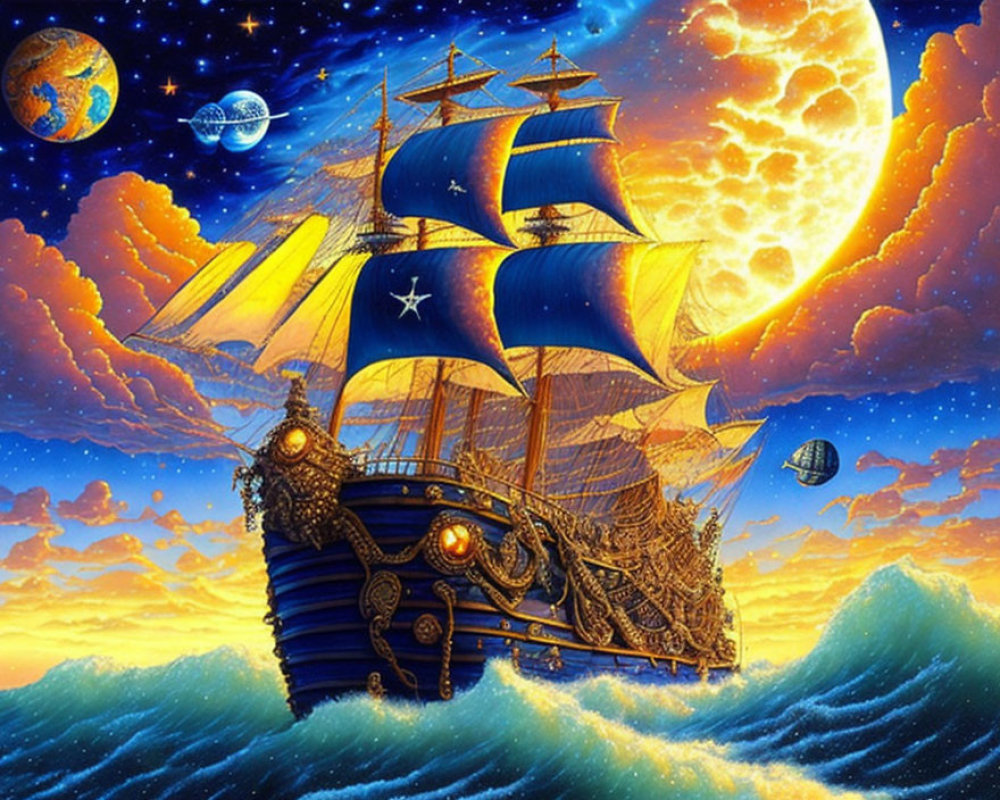 Fantasy illustration: sailing ship with golden sails on tumultuous seas
