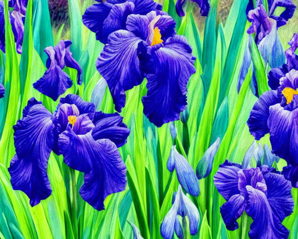 Beautiful Purple Iris Flowers with Yellow Accents in Green Foliage