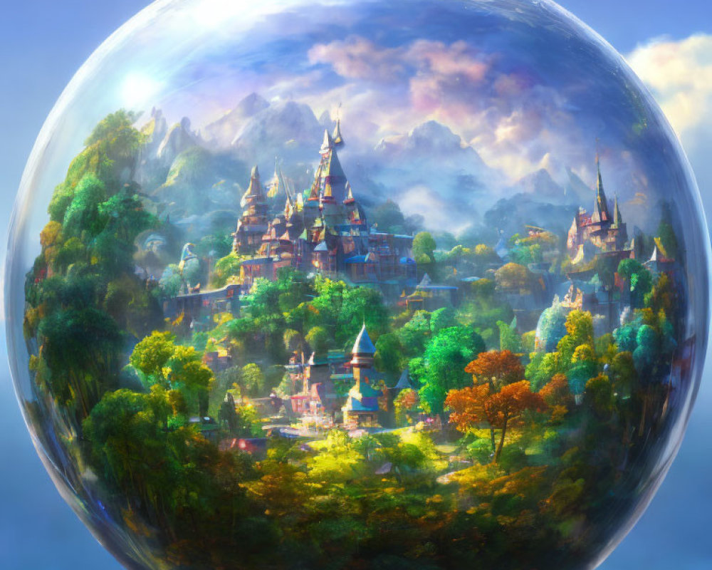 Vibrant ethereal kingdom with majestic spires in spherical landscape