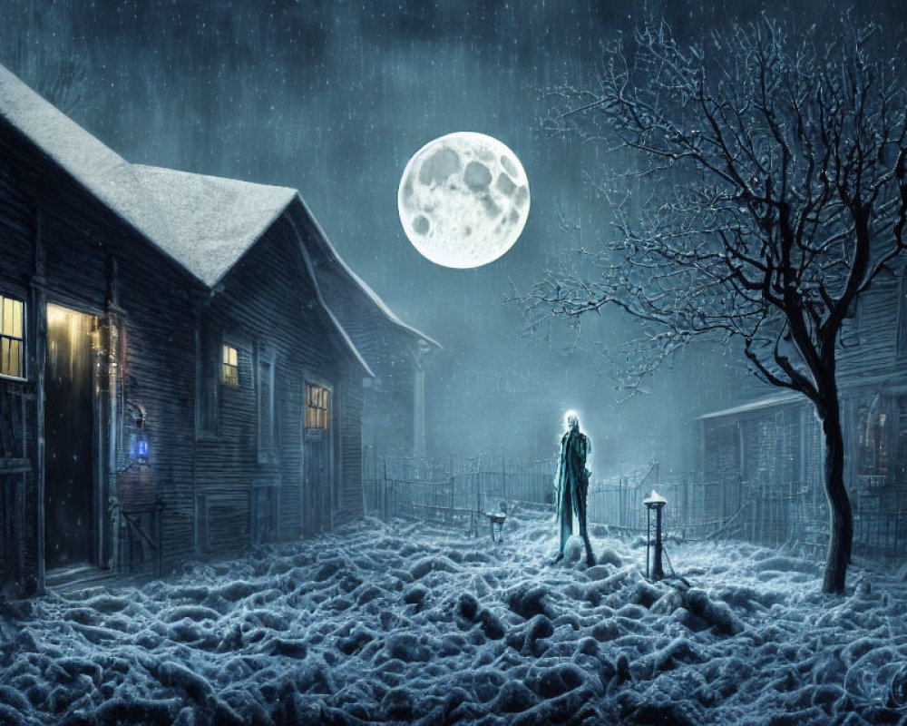 Ghostly Figure in Snowy Village Under Full Moon - Barren Trees and Wooden Houses Create Chilling