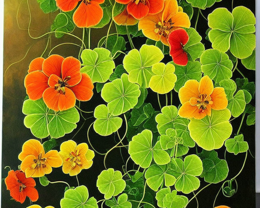 Bright Orange Nasturtium Flowers and Green Leaves on Dark Background