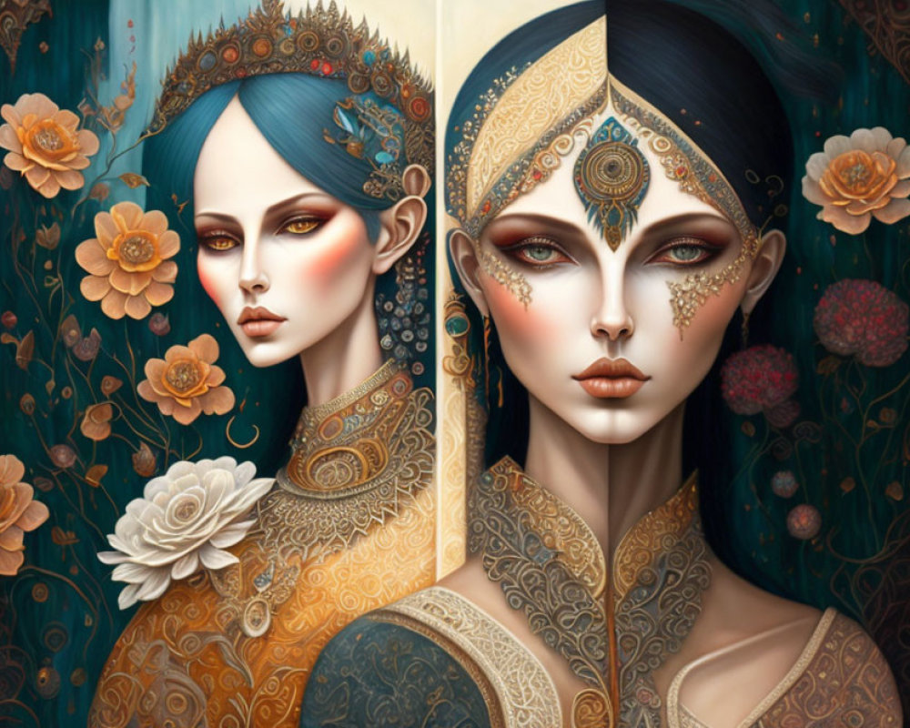 Stylized women with ornate headpieces and gold accents on blue background