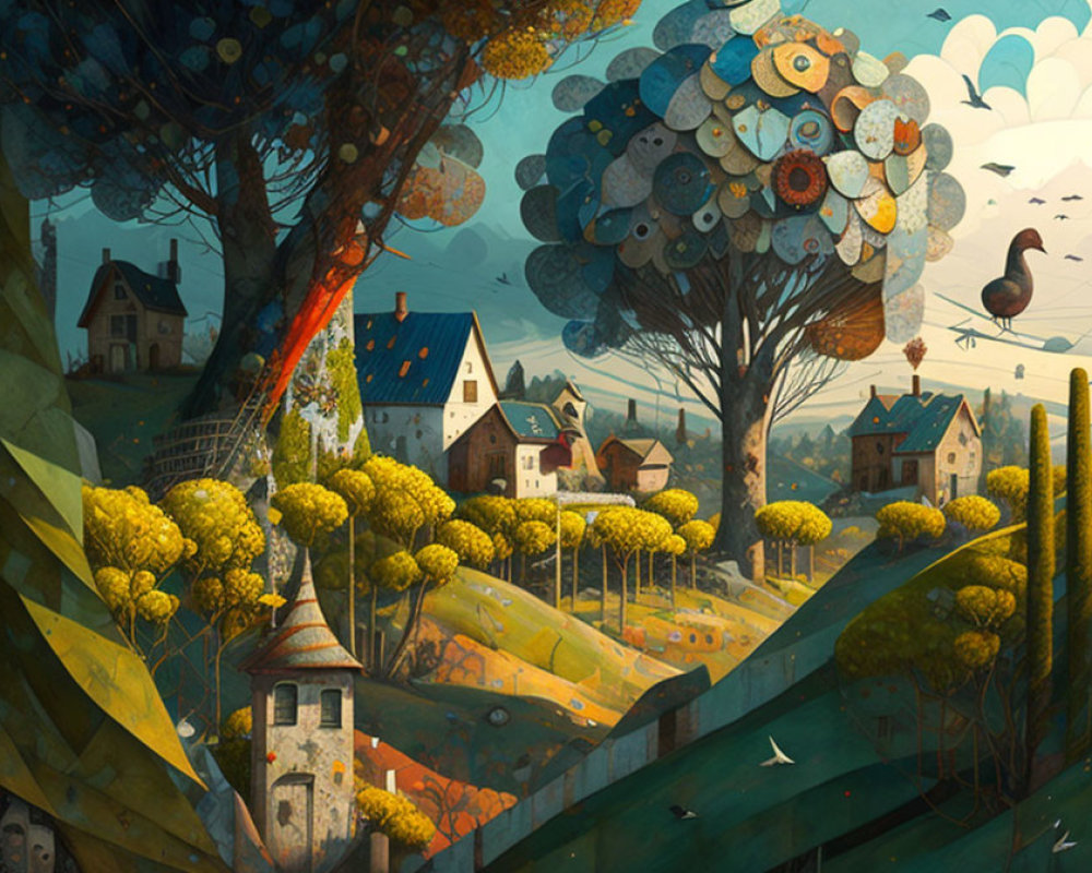 Colorful landscape with stylized trees, houses, hot air balloon, and surreal elements