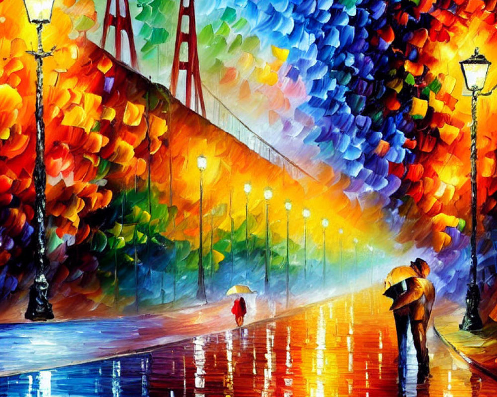 Colorful Painting of Rainy Evening with Person Holding Umbrella