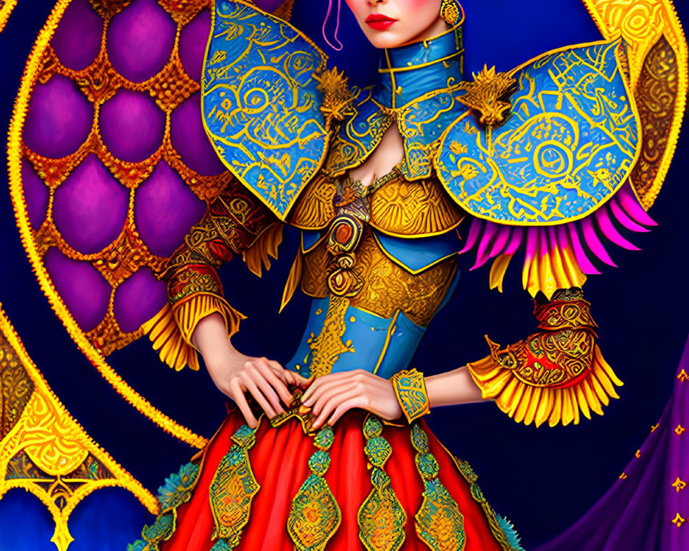 Regal woman in ornate attire with gold accents on blue and purple backdrop