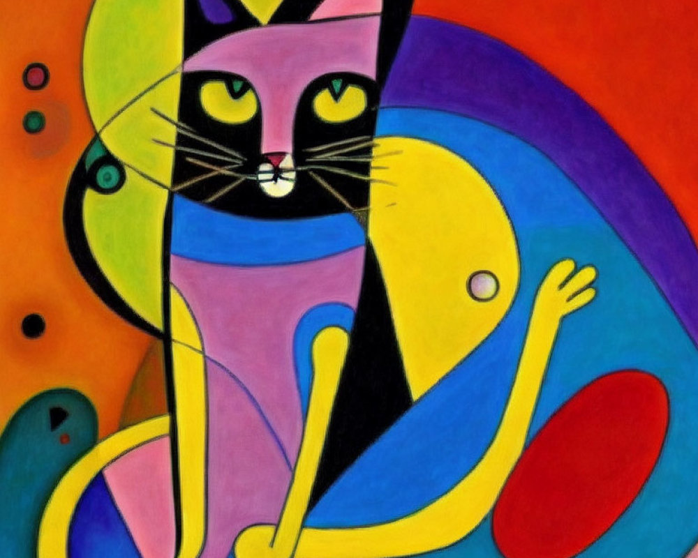 Vibrant abstract cat painting with geometric shapes and bold colors