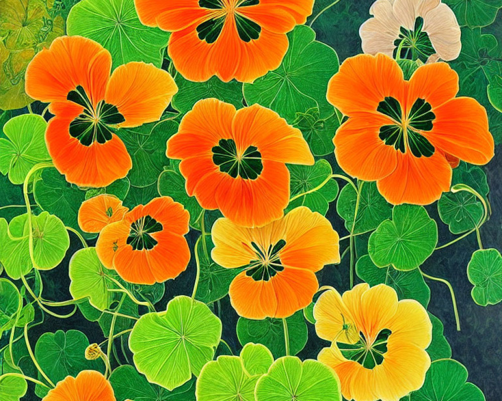 Orange Nasturtium Flowers and Green Leaves Pattern