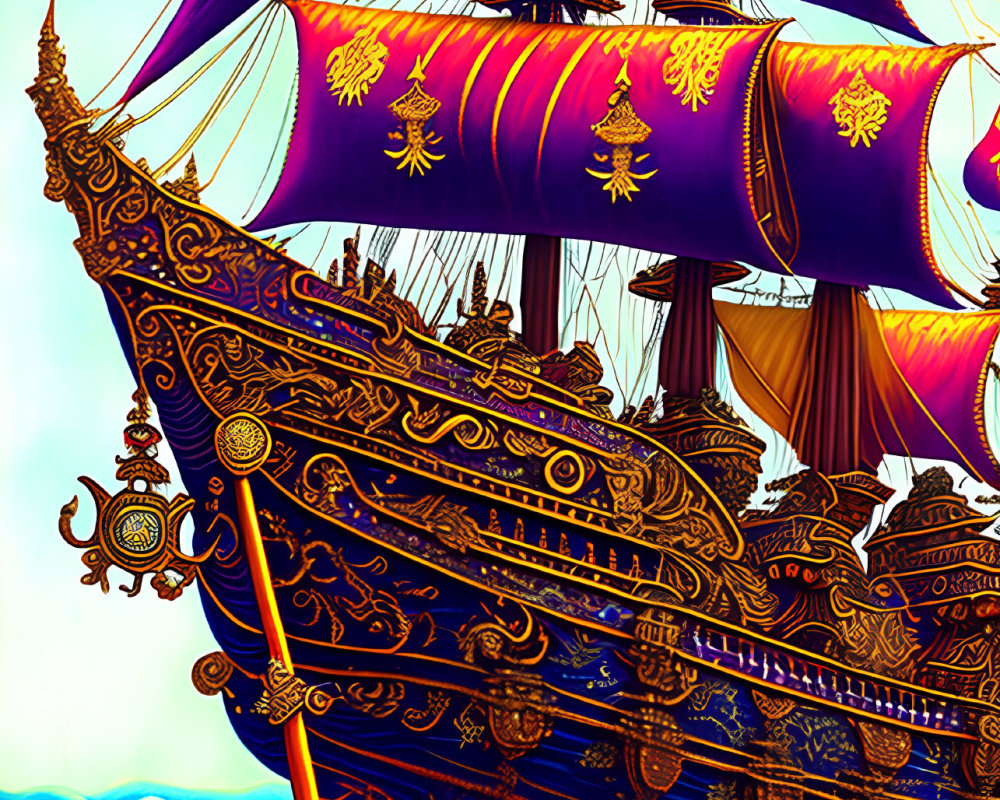 Majestic ship with purple sails on golden sky and blue waves