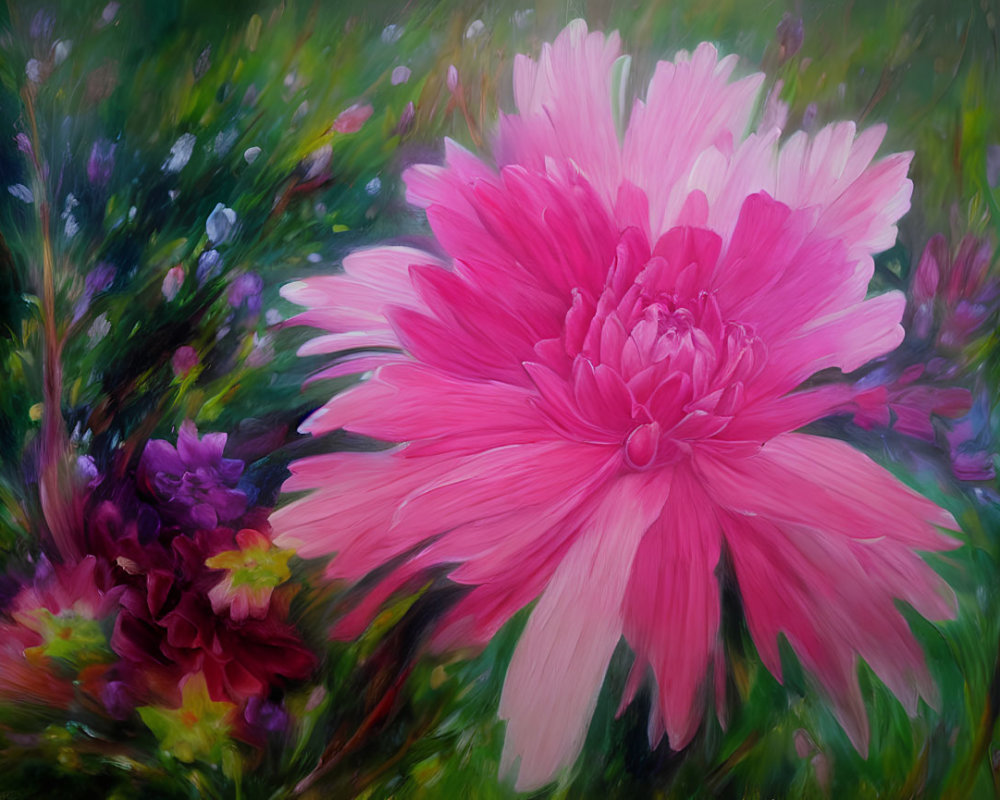 Large Pink Flower Painting Surrounded by Lush Greenery