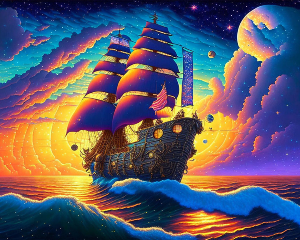 Colorful surreal artwork: ship on waves, fantastical night sky, clouds, stars, multiple moons