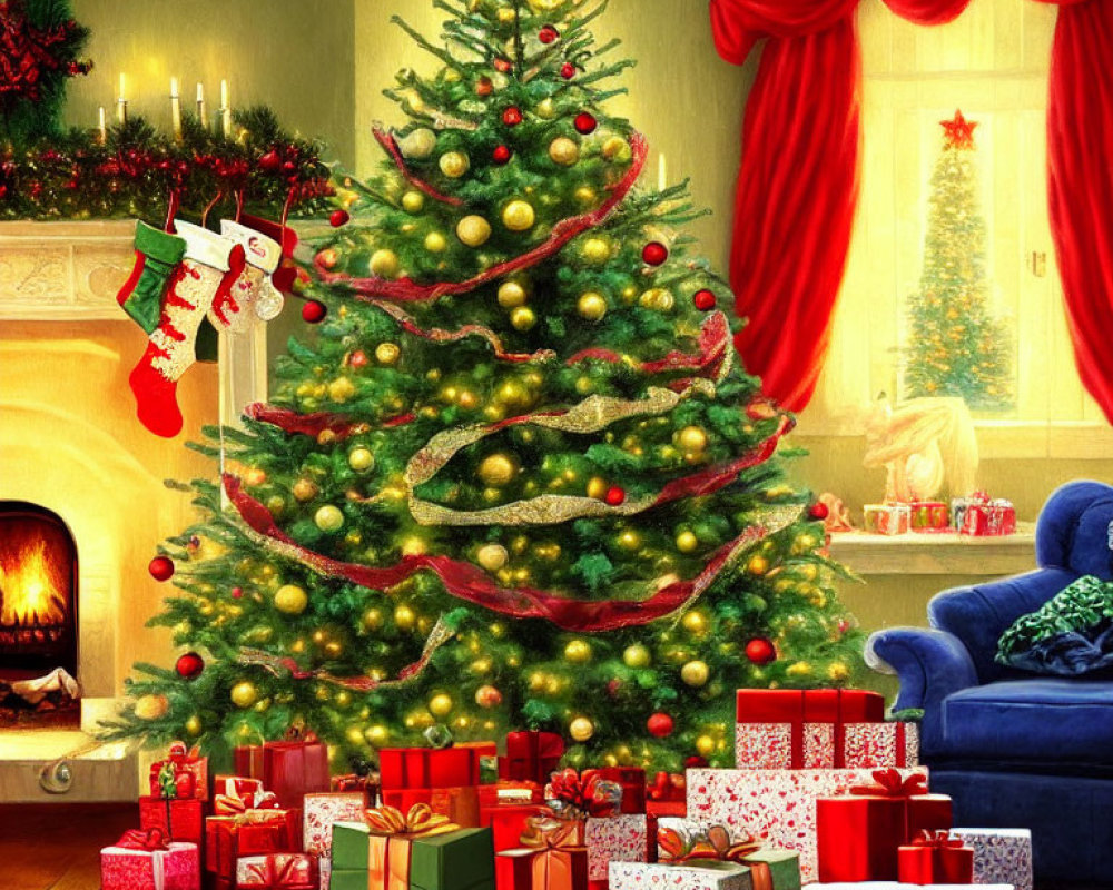 Festively decorated Christmas room with tree, gifts, stockings, and warm lighting