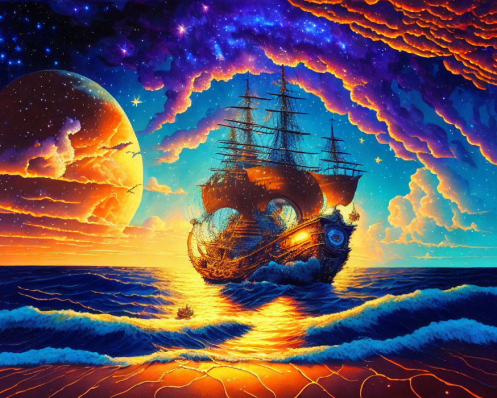 Ship sailing on fiery waves under cosmic sky with large moon and warm-hued clouds.