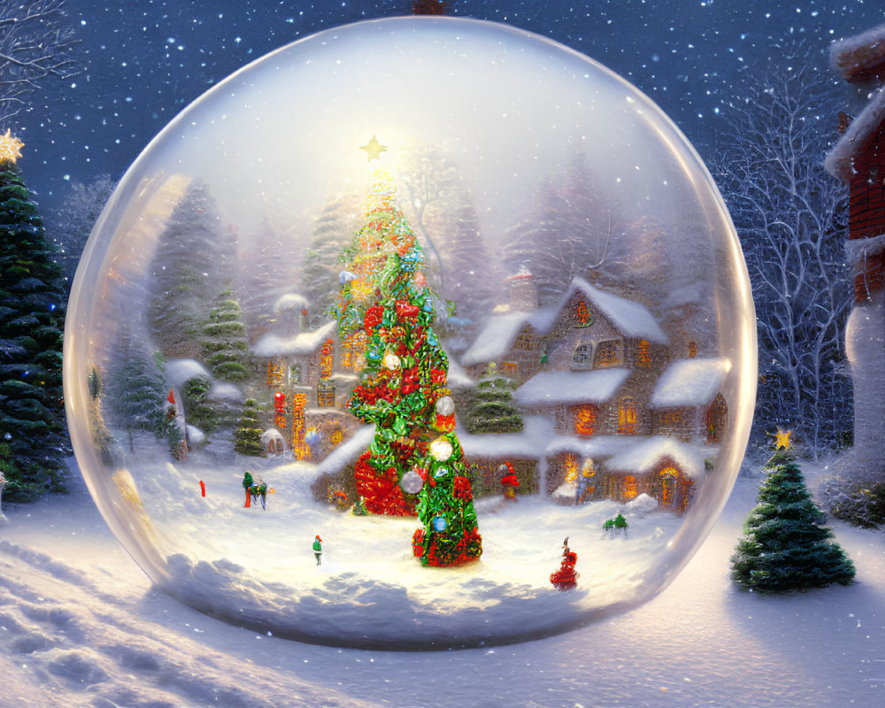 Snow globe with Christmas tree, cottages, and figures in snowy night scene