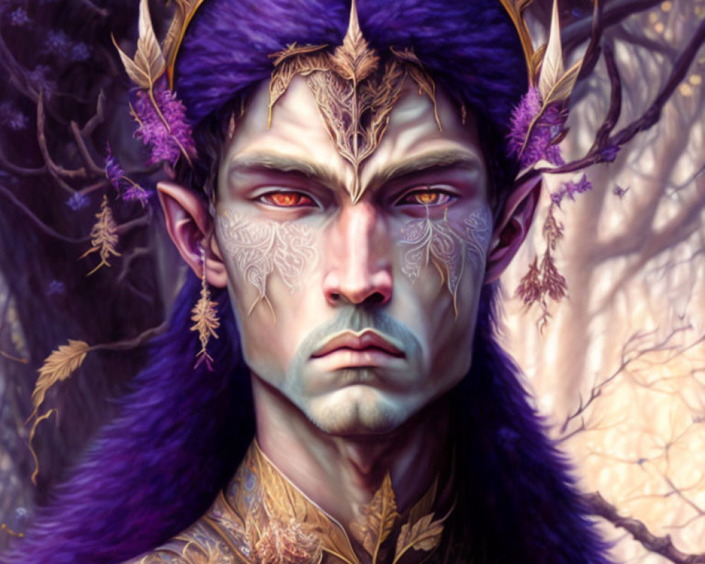 Purple-skinned fantasy creature with regal crown and golden leaf motifs