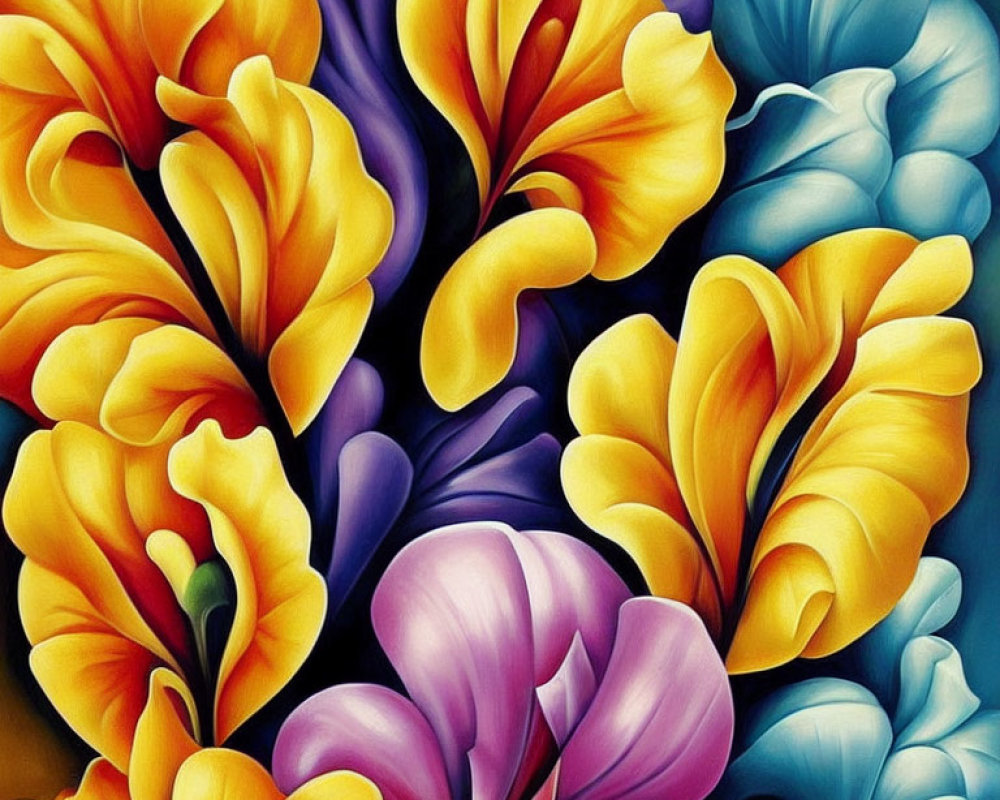 Colorful Floral Painting with Swirling Yellow and Purple Flowers