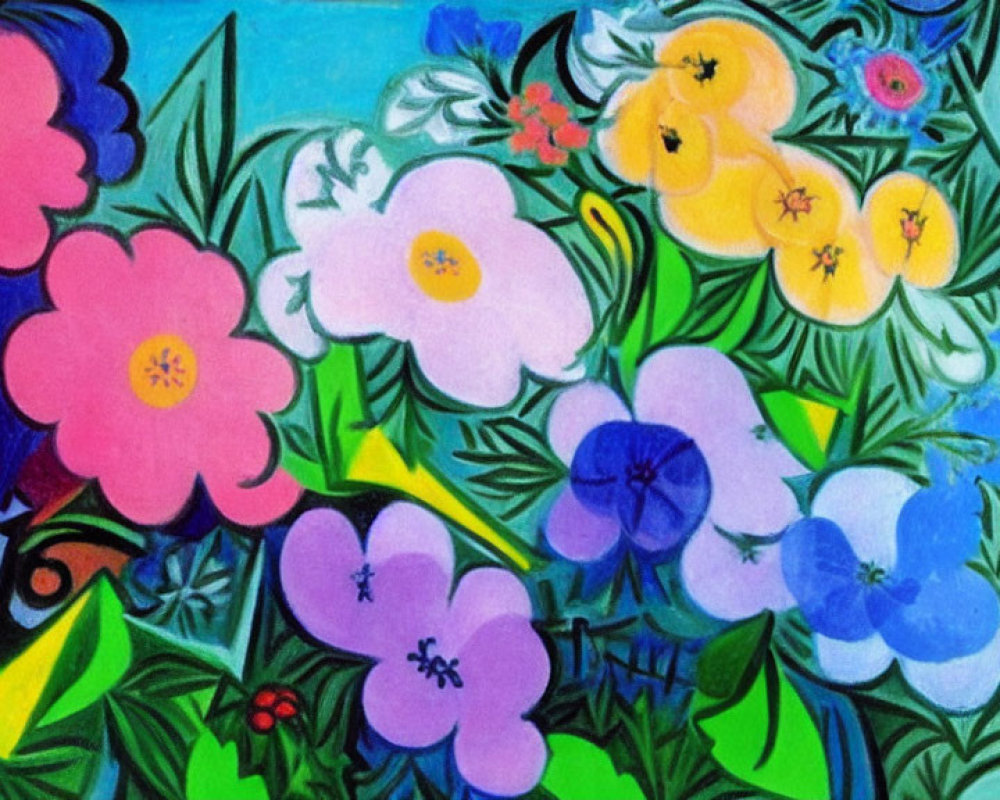 Colorful Stylized Flower Painting on Blue Background