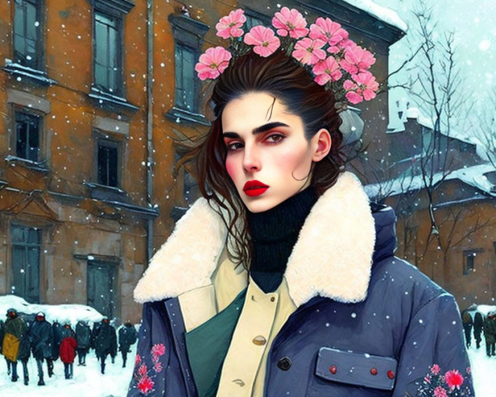 Stylized portrait of a woman with makeup and flowers on snowy street.