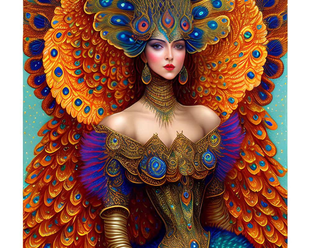 Luxurious peacock-themed attire illustration with elaborate headdress