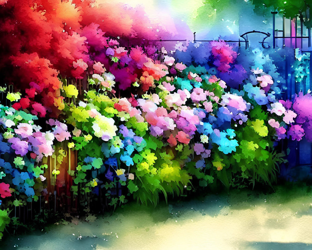 Colorful Garden Digital Painting with Vibrant Flowers and Watercolor Texture