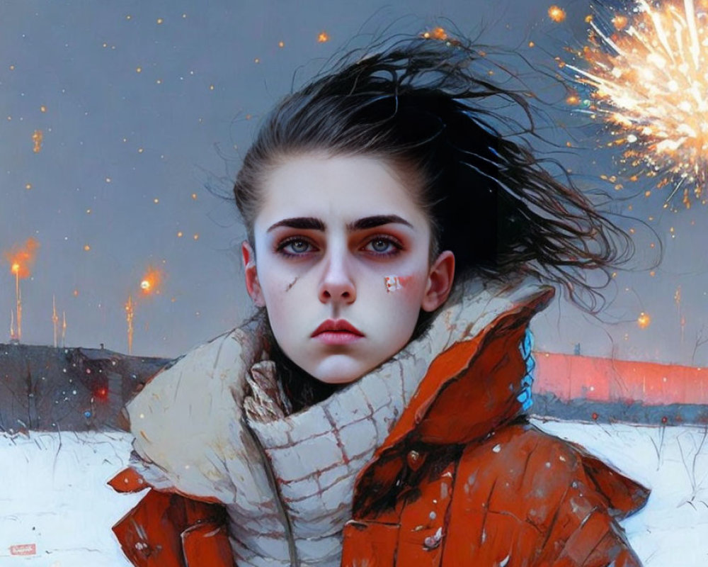 Intense gaze person in orange jacket in wintry scene with fireworks