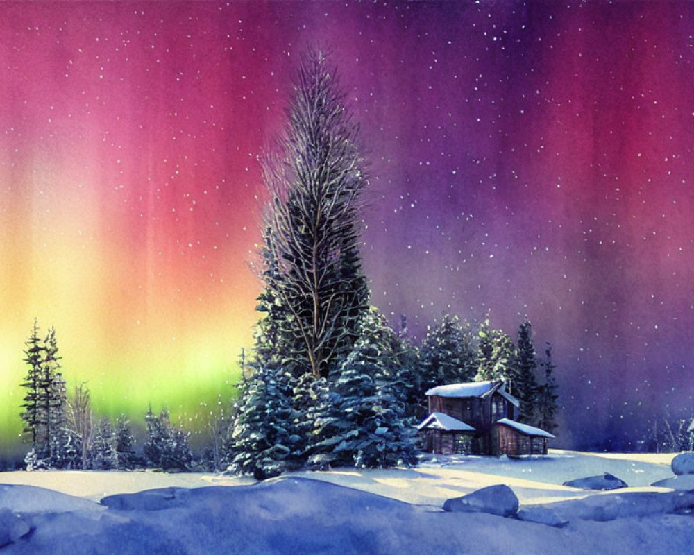 Snowy Night Landscape Watercolor Painting with Cozy Cabin, Trees & Aurora Borealis