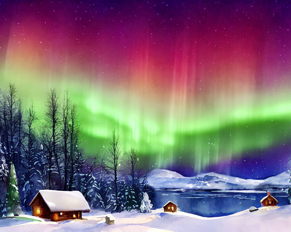 Vibrant aurora borealis over snow-covered cabins and frozen lake