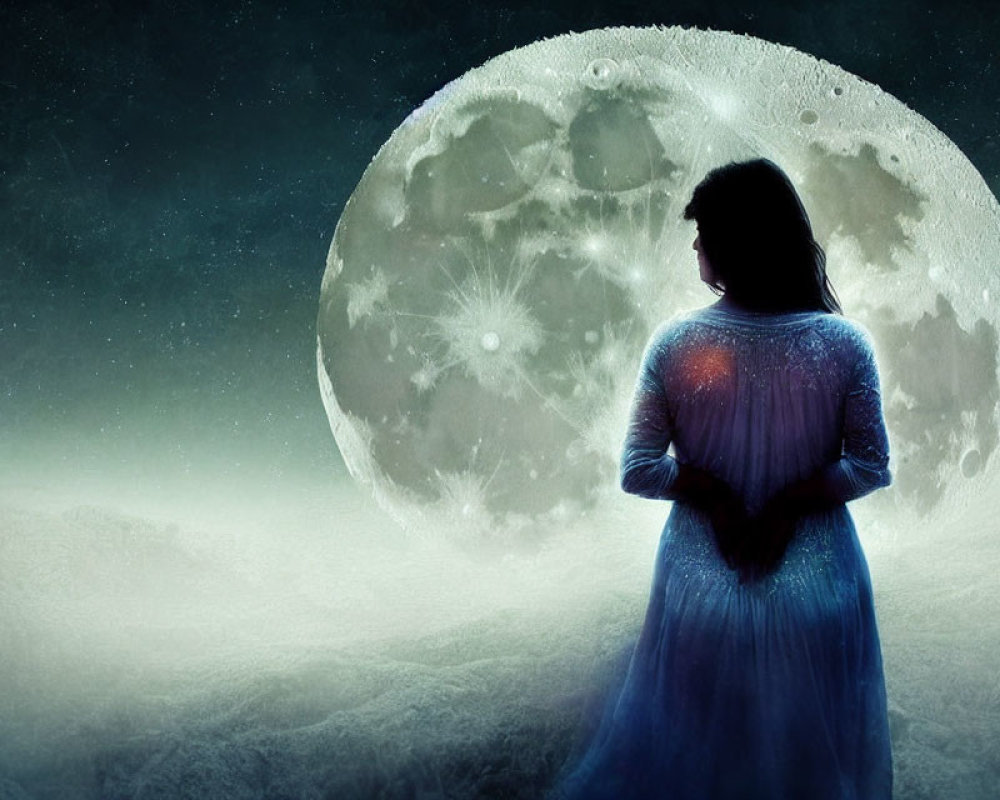 Woman in Blue Dress Contemplating Detailed Moon in Misty Landscape