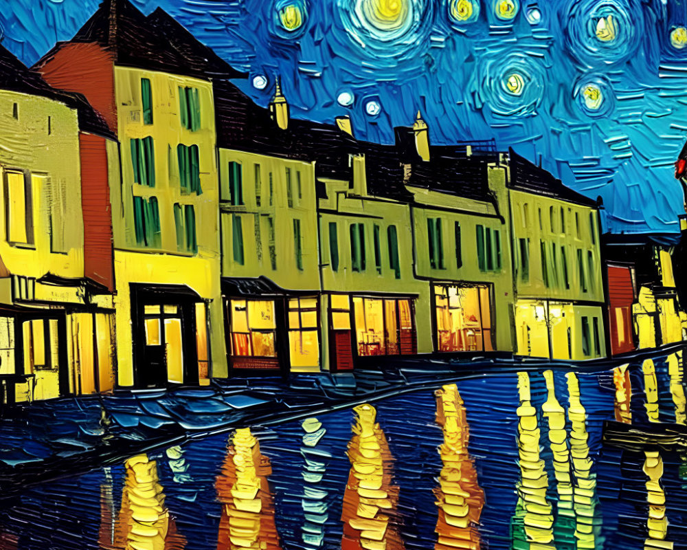 Colorful Buildings Reflecting on Wavy Surface Under Starry Night Sky