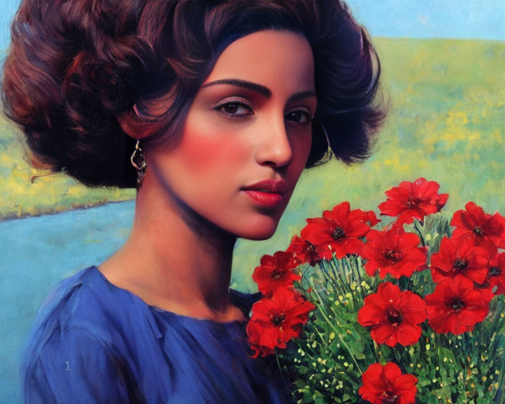 Woman with curly hair in blue top and red flowers on blue-green backdrop