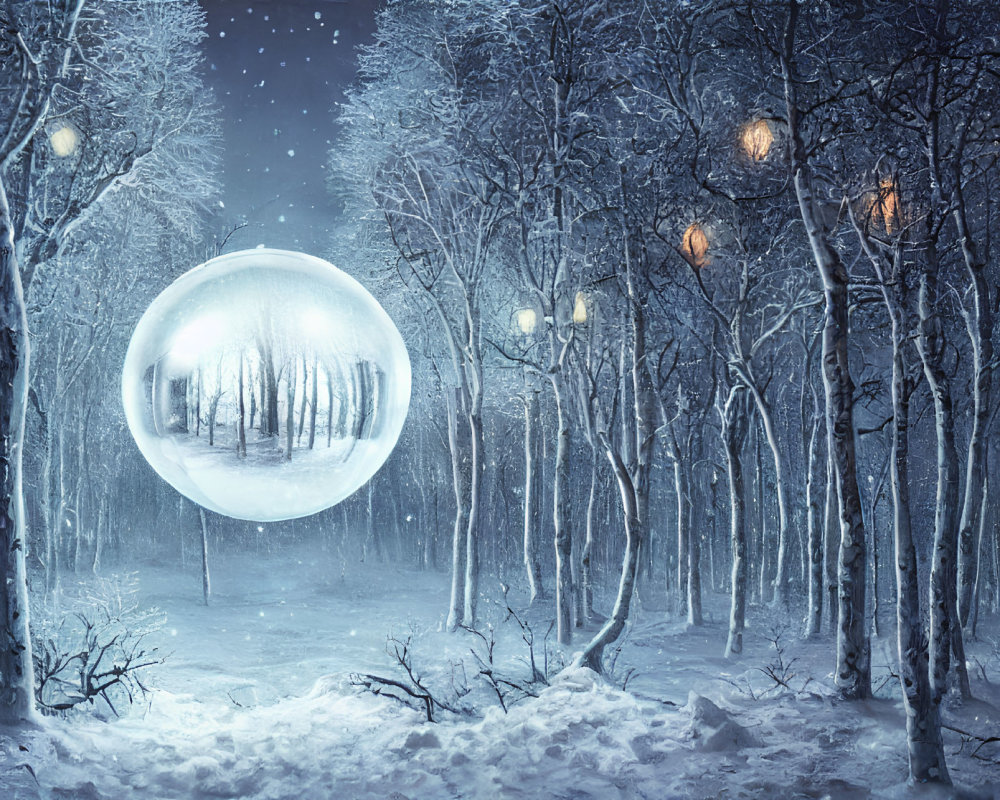 Snow-covered trees in surreal winter scene with glowing lamp posts and oversized transparent bubble.