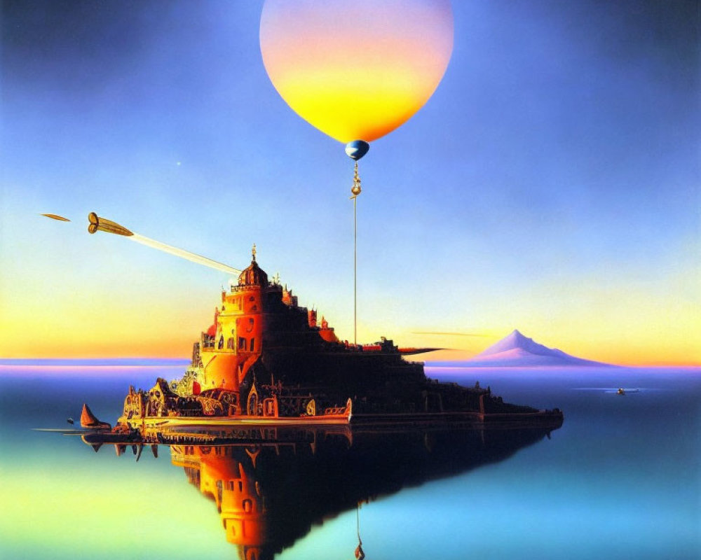 Colorful painting of island castle, hot air balloon, mountains, and reflection.